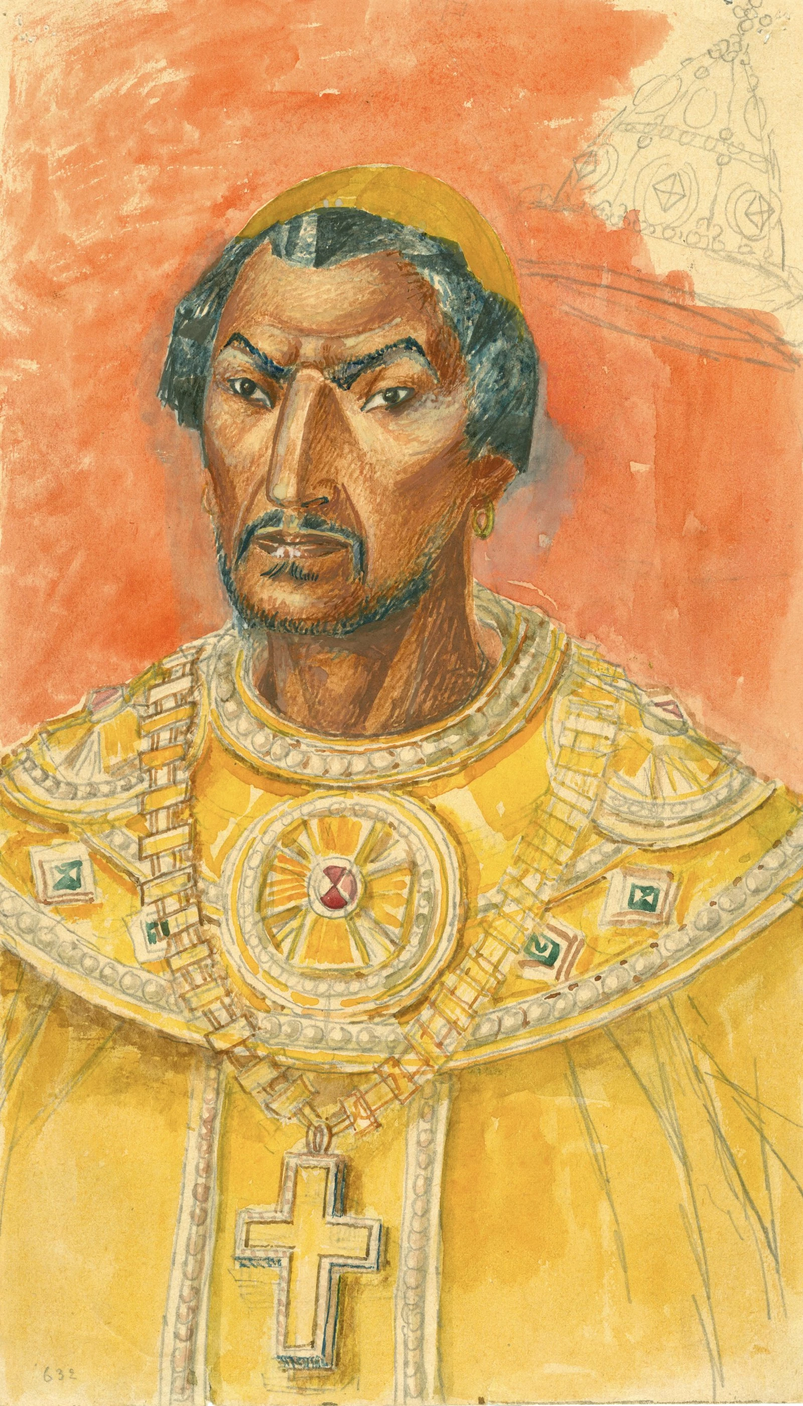 Кузьма Петров-Водкин. Борис Годунов. Эскиз грима к спектаклю «Борис Годунов», по пьесе А.С. Пушкина. (постановщик К.П. Хохлов, неосуществленная постановка. Большой драматический театр), 1923 © Санкт-Петербургский государственный музей театрального и музыкального искусства